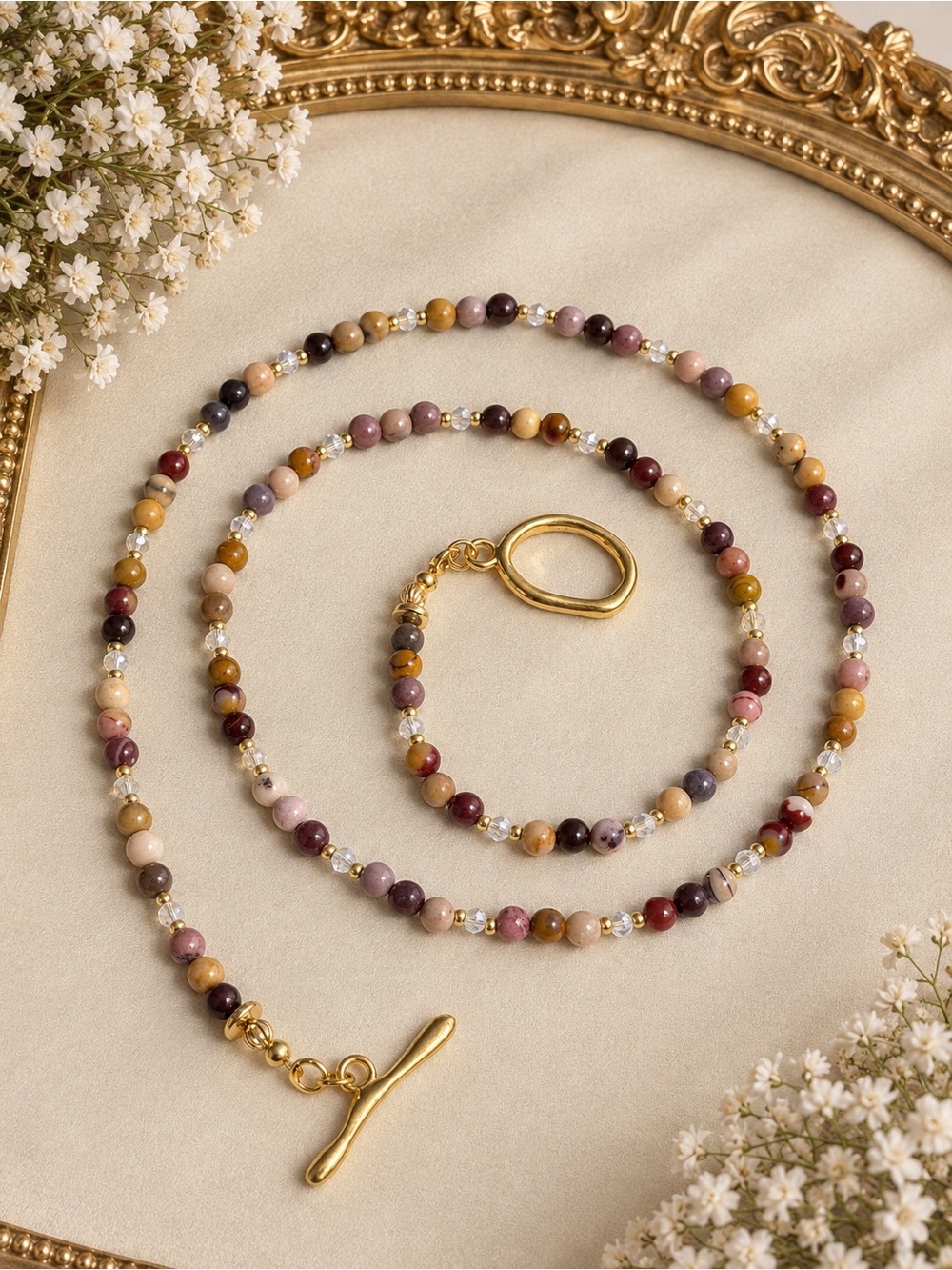 Gold-Finish Yolk Stone Multicolor Beaded Necklace